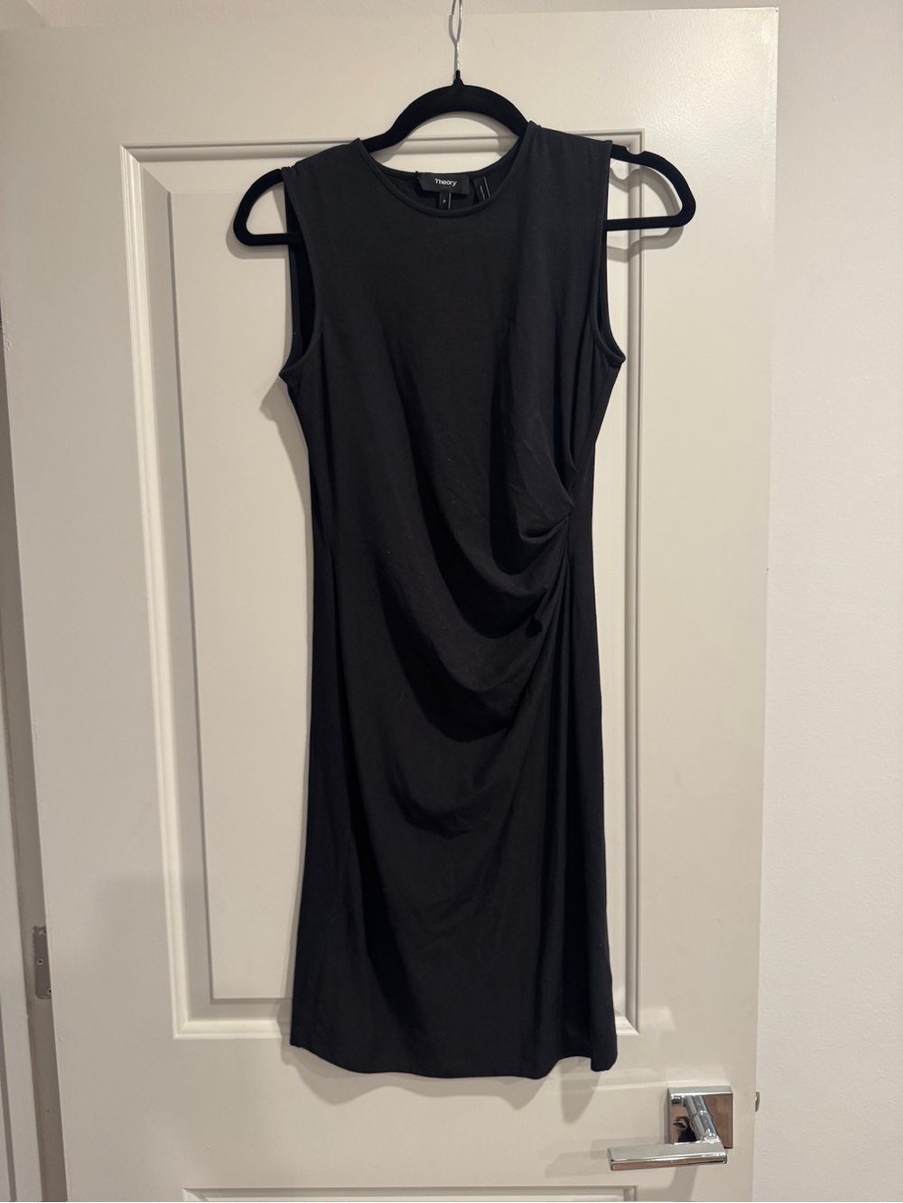 Theory Black Sleeveless Draped Midi Sheath Dress